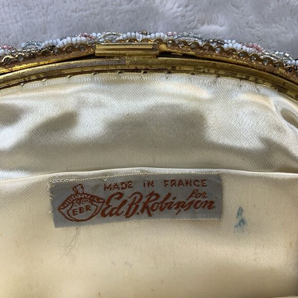 Vintage 50s Ed B. Robinson Micro Bead Handbag Made In France Floral Coquette - Picture 8 of 16